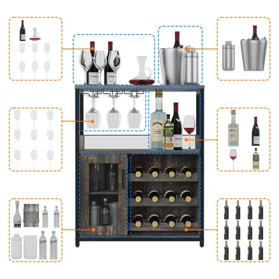 Image de Armoire à vin Armoire de bar avec étagère à vin réglable et porte-verre Armoire de bar à vin pour cuisine, salle à manger, salon, 70 x 35 x 92 cm gris