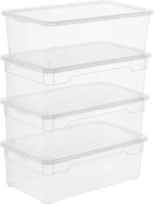 A stack of four identical clear plastic storage boxes with lids.