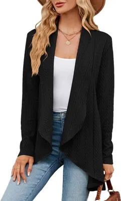 Produktbild von ASKSA Damen Strickjacke Langarm Einfarbige Cardigan Gestrickt Strickmantel High Low Saum Jacke Casual Top, Schwarz, L