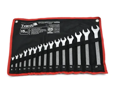 Imagen del producto de Juego de 15 llaves combinadas de 6 a 27 mm: herramientas robustas de acero CRV con un acabado mate, resistentes a la corrosión, ideales para profesionales y aficionados al bricolaje.