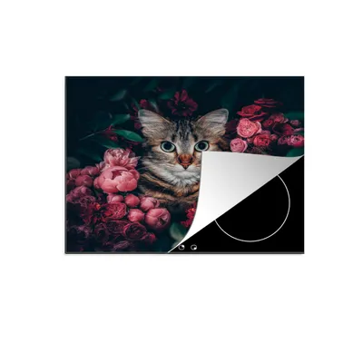 Produktbild von KitchenYeah© Herdabdeckplatte Katze - Blumen - Tiere - Botanisch , 57x51cm, Küche Deko, Glaskeramikkochfeld Herdabdeckung, Abdeckplatte fùr Kochfeld