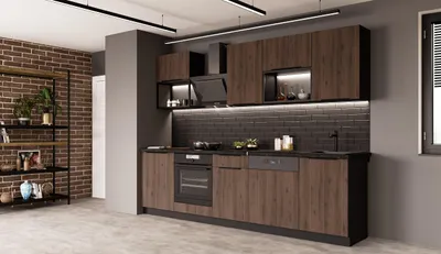 Produktbild von Küche MONZA BASIC LOFT 280 cm Küchenzeile Küchenblock Einbauküche Nussbaum Okapi matt + Schwarz matt