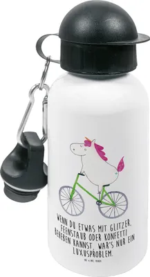 Produktbild von Mr. & Mrs. Panda Wasserflasche Einhorn Radfahrer - Weiß - Geschenk, Getränkeflasche, Trinkflasche für den Kindergarten, Radfahren, Einhörner, Unicorn, Trinkbehälter