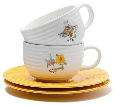 Porzellan-Tassen-Set 2er, Honigbienen-Muster, 260 ml, Keramik