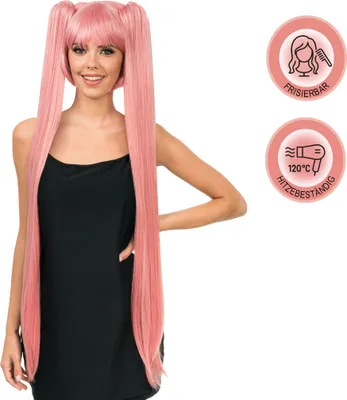 Manga Langhaarperücke Perücke Rosa 99 cm für Damen von Vorne mit Hinweisen oben rechts, dass die Perücke hitzebeständig und frisierbar ist