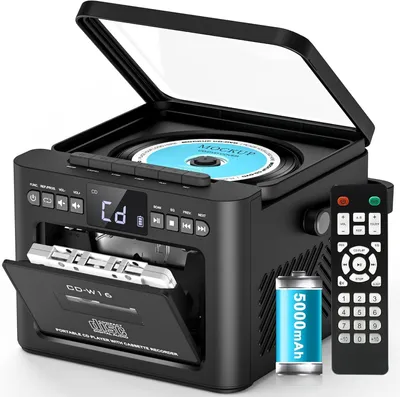 Produktbild von CD Player, Tragbar CD-Player, 5W Bluetooth Lautsprecher, Kassettenspieler mit UKW Radio, 5000mAh wiederaufladbare Akku, Fernbedienung, AUX/USB/SD