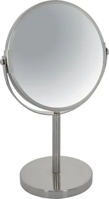 A silver makeup mirror with a stand is shown against a white background.