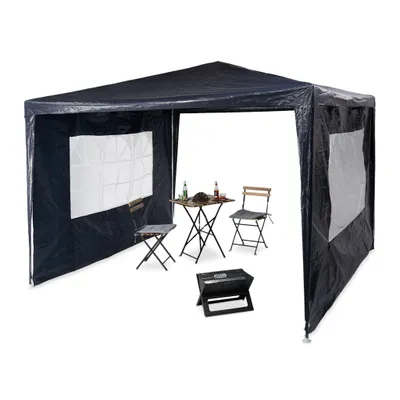 Produktbild von Relaxdays Pavillon 3x3 m mit 2 Seitenteilen Weiss-Dunkelblau-Transparent