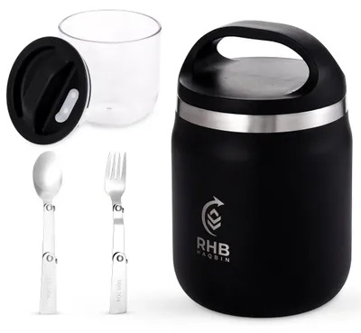 Thermocontainer 600 ml Edelstahl auslaufsicher warm/kalt inkl. Besteck schwarz