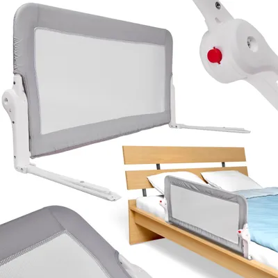 Collage of images showing a bed rail in different contexts and close-ups.