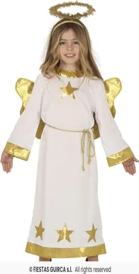 Produktbild von Engelskostüm für Mädchen – langes weißes Kleid mit goldenen Verzierungen, Flügeln & Heiligenschein Größe 98-146, Größe:128/134