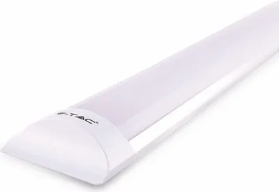 A close-up, angled shot of a white LED light fixture against a white background.