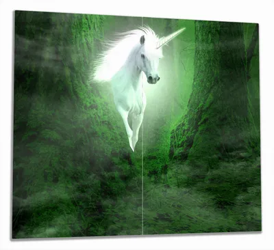 Produktbild von Wallario Herdabdeckplatte aus Glas, Größe 60 x 52 cm 2-teilig, Motiv Weißes Einhorn im grünen Wald