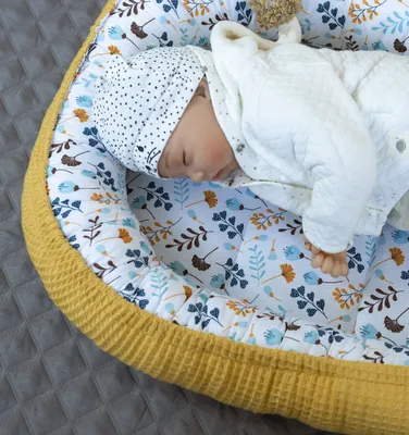 Produktbild von Waffelpique Gelb/ Blumenwiese BLAU Türkis Babynestchen Unterlage SOLO Babynest Wicleklunterlage Reisebett Babydecke Babyausstattung 2 Seitig Geschenk
