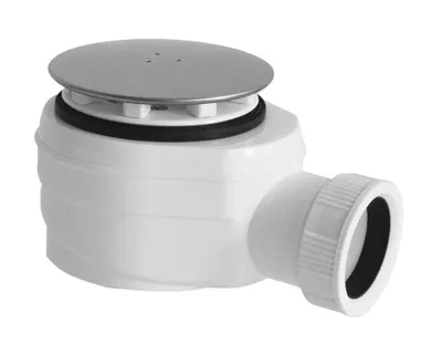 A white plastic shower drain with a silver metal top, isolated on a white background.
