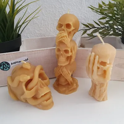 Produktbild von Bienenwachskerzen Totenkopf Kerzen 3er Set 7 bis 13 cm – Turm, Schlange und Hand