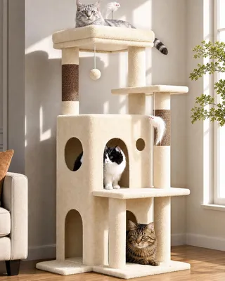Immagine prodotto di Kratzbaum Katzenbaum, color beige, stabile, con 2 grandi rifugi per gatti, piattaforma, palo imbottito, giocattoli per gatti, tiragraffi, con sistema di sicurezza per evitare cadute