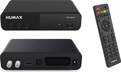 A black Humax HD Nano satellite receiver and its remote control are shown against a white background.