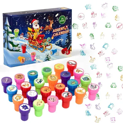 Produktbild von Adventskalender Stempel Set 24 Mini Selbstfärbend Bunt Cartoon Anime für Kinder ab 3 Jahre