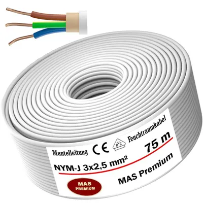 Produktbild von Feuchtraumkabel Stromkabel Mantelleitung 75 m NYM-J 3x2,5 mm² Elektrokabel