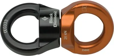 Zwei Karabiner von Black Diamond; einer schwarz und einer orange; mit der Aufschrift "26 kN" und CE-Zertifizierung.