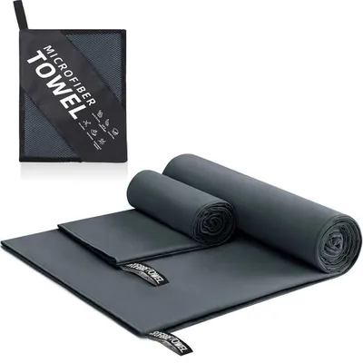 Zdjęcie produktu dla Zestaw ręczników z mikrofibry, 3 sztuki (152x76 cm + 80x40 cm + 40x40 cm), ciemnoszary, szybkoschnący, lekki