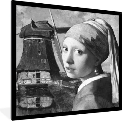 Produktbild von MuchoWow® Gerahmtes Poster Das Mädchen mit dem Perlenohrring - Johannes Vermeer - Schwarz und weiß 40x40 cm - Poster mit Schwarzem Bilderrahmen Wandposter Rahmen Foto Bilder - Mit Rahmen - Wanddekoration Schlafzimmer