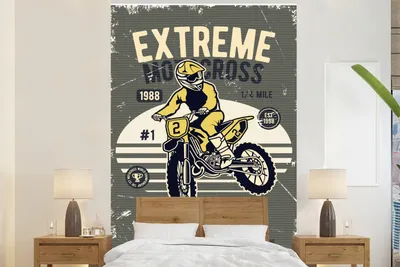 Produktbild von MuchoWow® Fototapete für Wohnzimmer oder Schlafzimmer Wandtapete Vinyl Motivtapete Motorrad - Retro - Gelb - 160x240 cm - Vinyltapete