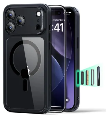 A black iPhone case with a clear back showing a magnetic ring and an Apple logo, placed next to an iPhone. A green graphic indicates wireless charging.