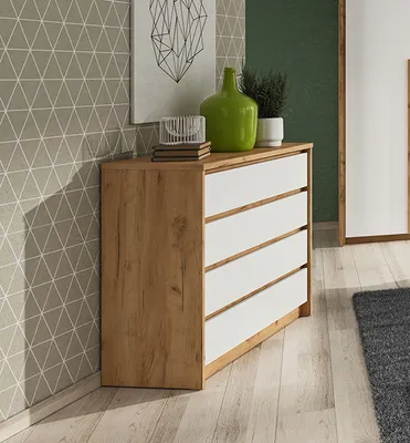 Image de Commode « Xelo » à tiroirs, 92 cm, chêne sauvage, doré et blanc