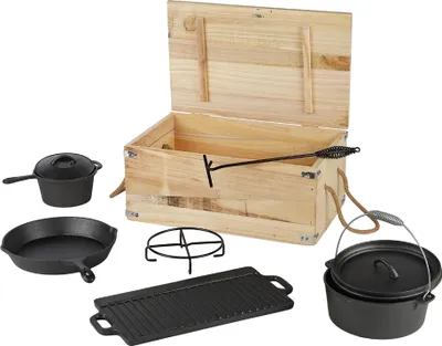 Zdjęcie produktu dla Mucola Dutch Oven Set z drewnianym pudełkiem Potjie BBQ żeliwna patelnia grillowa garnek zapiekanka na ognisko kemping grill pieczeń
