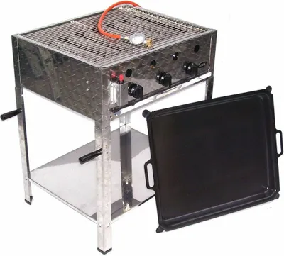 Produktbild von 55510 + Grill-Set 511 + Pfanne 504 + Fahrwagen 512 SET 6 EDELSTAHL GASBRÄTER 10KW 3 flammig GASGRILL BRÄTER GRILL BBQ Grillwagen Pfanne