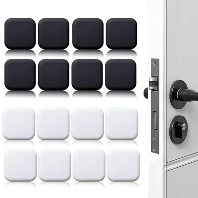 Image de Butées de porte à fixation murale, lot de 16, butées autocollantes, butées en caoutchouc blanc/noir, 38 mm x 38 mm, butées pour poignées de porte, butées murales pour poignées de porte, protection contre les chocs