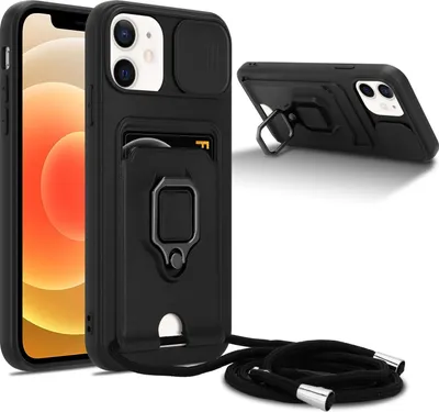 Obrázek produktu pro Řetízek na mobilní telefon Cadorabo s funkcí stojánku pro Apple iPhone 12 v ČERNÉ barvě - silikonové ochranné pouzdro s nastavitelným páskem na šňůru