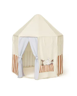 A hexagonal play tent with a pointed roof, featuring light blue curtains and brown and white striped accents. It has small embroidered figures on the front.
