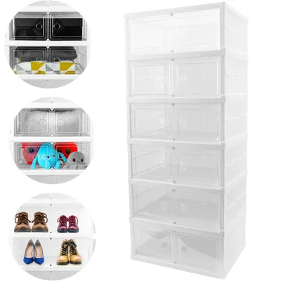 Produktbild von Schuhregal Weiß Kunststoff – Schuhschrank mit 6 Reihen, Klappen & Magnetverschluss – Stapelbar, platzsparend, transparent – Für bis zu 12 Paar Schuhe