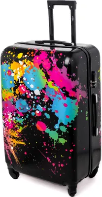 A black suitcase with a colorful paint splatter design.
