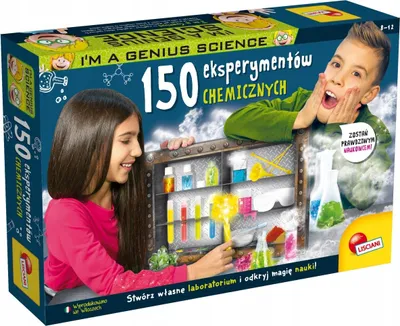 The image shows the packaging of a children's science experiment kit, featuring two children engaged in science activities.