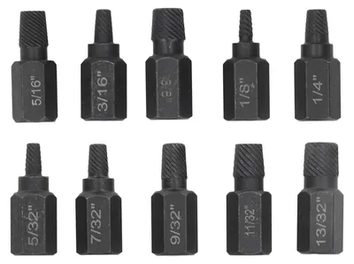 Obrázok produktu pre 10-dielna súprava na vyberanie poškodených skrutiek: 1/4, 7/32, 3/32, 5/32, 1/8, 13/32, 3/8, 11/32, 5/16, 9/32 palca. Odstraňovač poškodených skrutiek a matíc