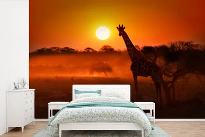 Produktbild von MuchoWow® Fototapete für Wohnzimmer oder Schlafzimmer Wandtapete Vinyl Motivtapete Giraffe - Sonne - Savanne - 360x240 cm - Vinyl-Tapete