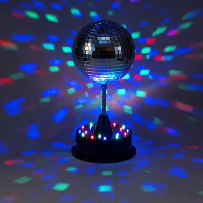 LED Spiegelkugel 13cm mit Standfuß - 18 bunte LED - Batterie und USB Betrieb - silber