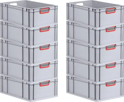 Produktbild von SparSet 10x Eurobox NextGen Color | HxBxT 22x40x60cm | 44 Liter | Griffe rot offen | Verstärkter Boden | Grau | Eurobehälter, Transportbox, Transportbehälter, Stapelbehälter