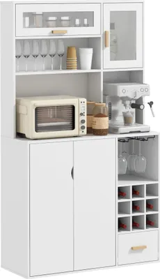 Produktbild von HOMCOM Hoher Vorratsschrank mit Flaschenhalter, 3 Schränke, 4 Regale und Schublade, modernes Sideboard aus Spanplatte und Kiefernholz, 100x38x172 cm, weiß