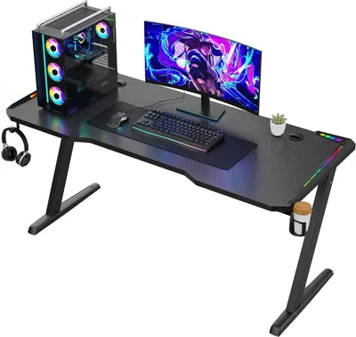 Image de Bureau de jeu - Bureau pour ordinateur - Confortable pour les jeux - Éclairage LED intégré - 140x60x73 cm - Noir