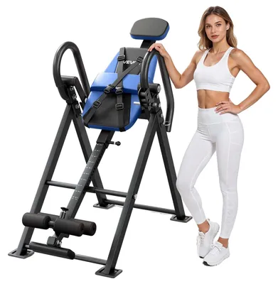 Obrázek produktu pro Inverzní lavice VEVOR do 126 kg, robustní inverzní lavice s dvojitou aretací koleček, posilovač zad pro odlehčení páteře a krku, 3polohové opěrky rukou a nastavitelná opěrka nohou, modrá