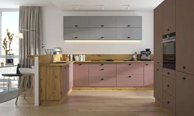 Immagine prodotto di Blocco cucina a L "Bonn AV" 170x310cm ad estrazione totale rovere artigianale frontale grigio polvere - rame rosato opaco