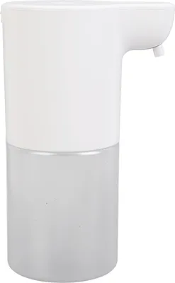 A white automatic soap dispenser with a translucent gray reservoir.