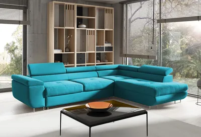 Produktbild von Ecksofa in L-Form ANTONIO - Höhenverstellbare Kopfstütze, Schenkel/Ottomane rechts oder links, Schlaffunktion&Bettkasten, Samtbezug in Blau/Türkis