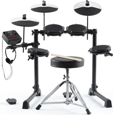 Alesis Debut Kit electronic drum set with stool, headphones, and drumsticks, displayed on a white background.