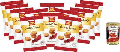 Produktbild von San Carlo Crostini Dorati Vivace Salzgebäck salziger Snack knuspriger Crouton, 14x 75g Winzige Scheiben geröstetes und gebratenes Brot 100% Italienisches Produkt + Italian Gourmet polpa 400g